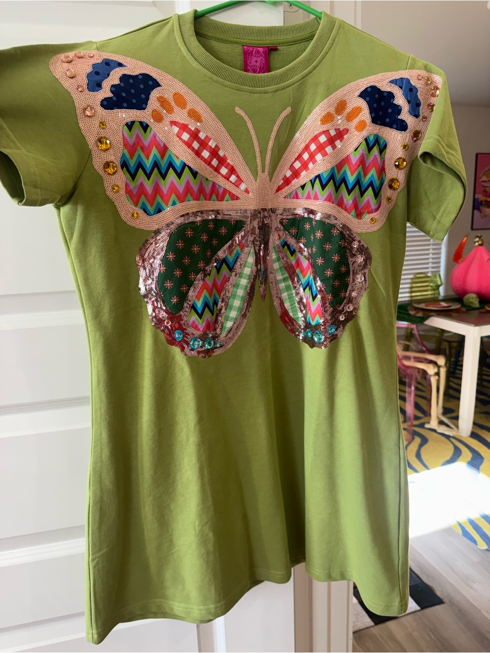 QUEEN OF SPARKLES Lime Green Butterfly Sequin dress
